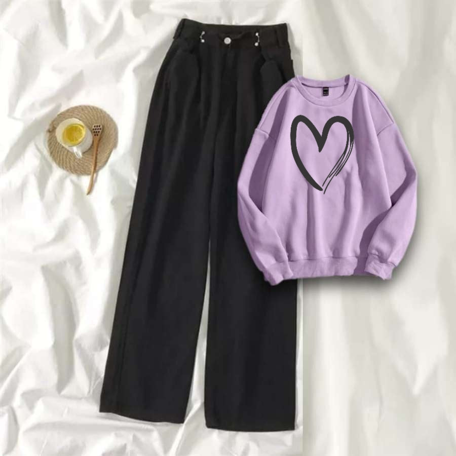 Lilac Sweat Shirt Shaded Heart with Black Wide Jeans