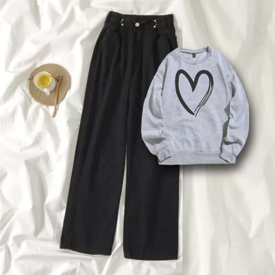 Grey Sweat Shirt Shaded Heart with Black Wide Jeans