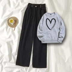 Grey Sweat Shirt Shaded Heart with Black Wide Jeans