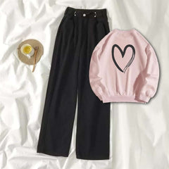 Pink Sweat Shirt Shaded Heart with Black Wide Jeans