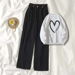 White Sweat Shirt Shaded Heart with Black Wide Jeans