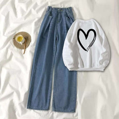 White Sweat Shirt Shaded Heart with Blue Wide Jeans