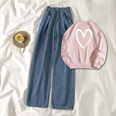 Pink Sweat Shirt Shaded Heart with Blue Wide Jeans