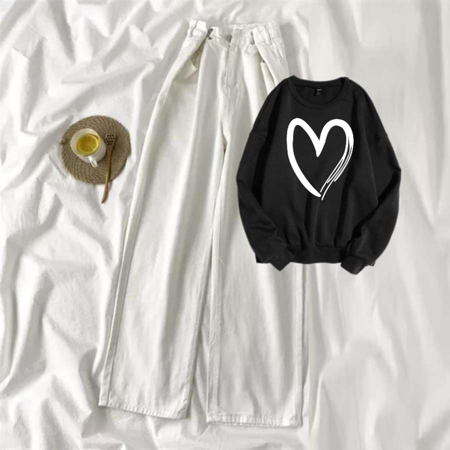 Black Sweat Shirt Shaded Heart with White Wide Jeans