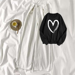 Black Sweat Shirt Shaded Heart with White Wide Jeans