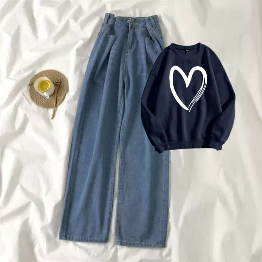 Navy Blue Sweat Shirt Shaded Heart with Blue Wide Jeans