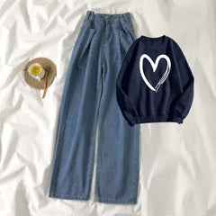 Navy Blue Sweat Shirt Shaded Heart with Blue Wide Jeans