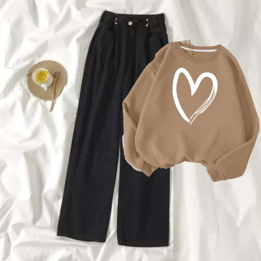 Beige Sweat Shirt Shaded Heart with Black Wide Jeans