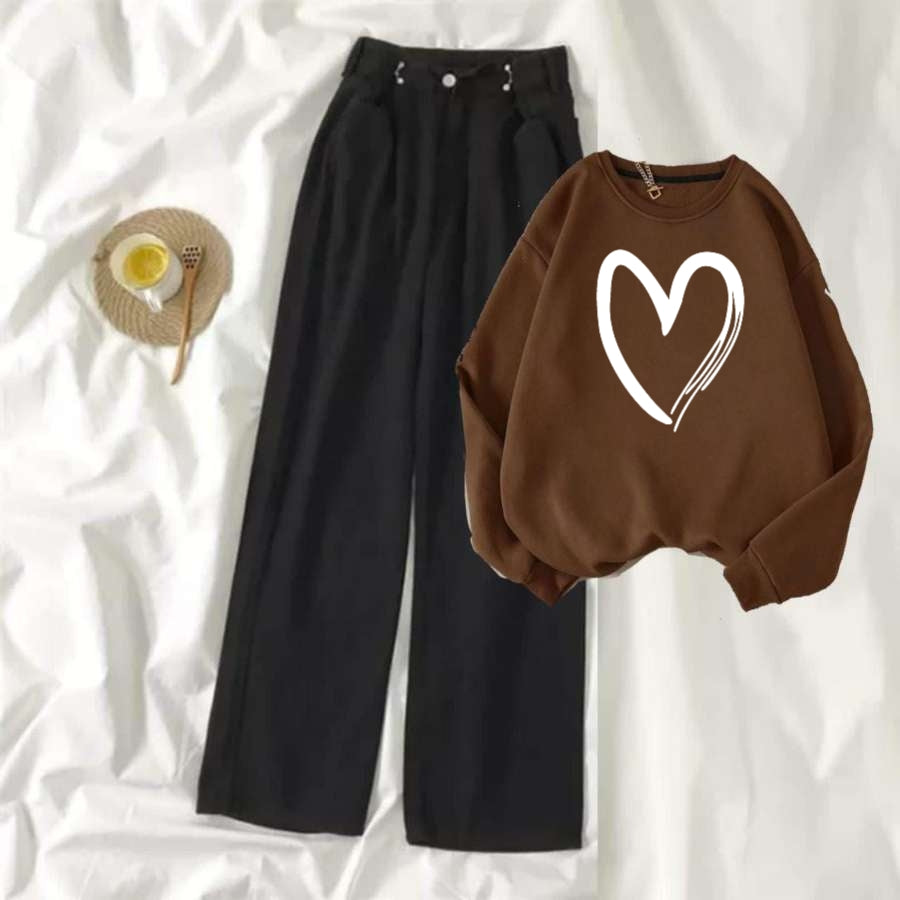 Brown Sweat Shirt Shaded Heart with Black Wide Jeans