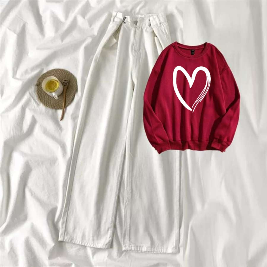 Red Sweat Shirt Shaded Heart with White Wide Jeans