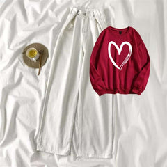 Red Sweat Shirt Shaded Heart with White Wide Jeans