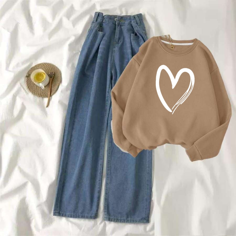 Beige Sweat Shirt Shaded Heart with Blue Wide Jeans
