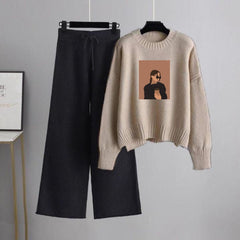 Beige Sweatshirt Coffee Girl with Black Flapper Trouser