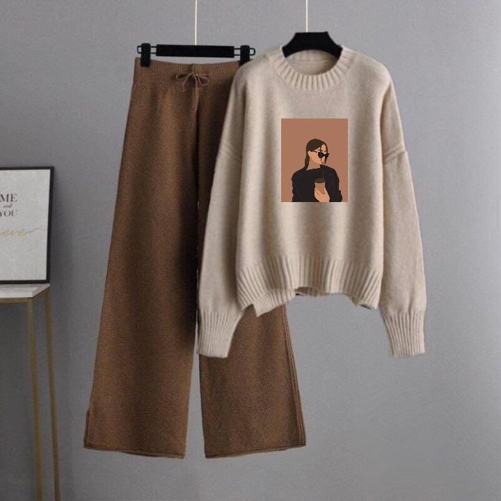 Beige Sweatshirt Coffee Girl with Brown Flapper Trouser