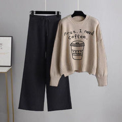 Beige Sweatshirt First i Need Coffee with Black Flapper Trouser