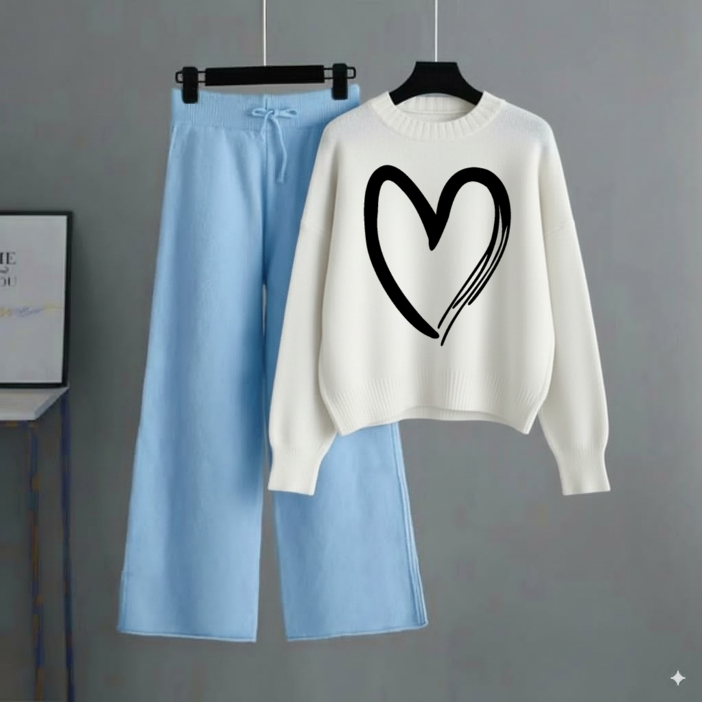 White Sweatshirt Shaded Heart with Sky Blue Flapper Trouser