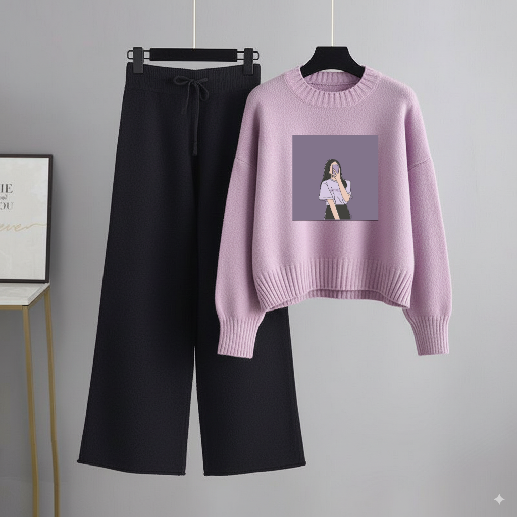 Lilac Sweatshirt Selfie Girl with Black Flapper Trouser