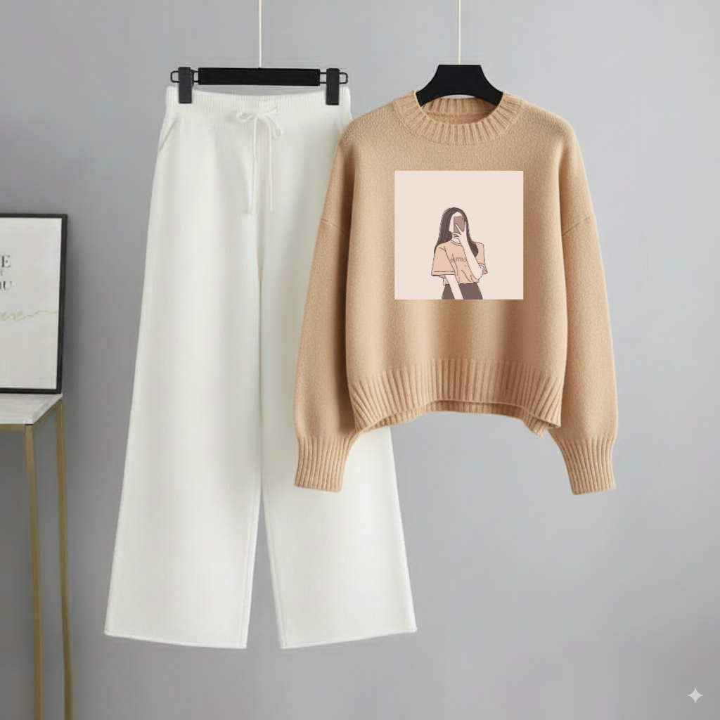 Beige Sweatshirt Selfie Girl with White Flapper Trouser