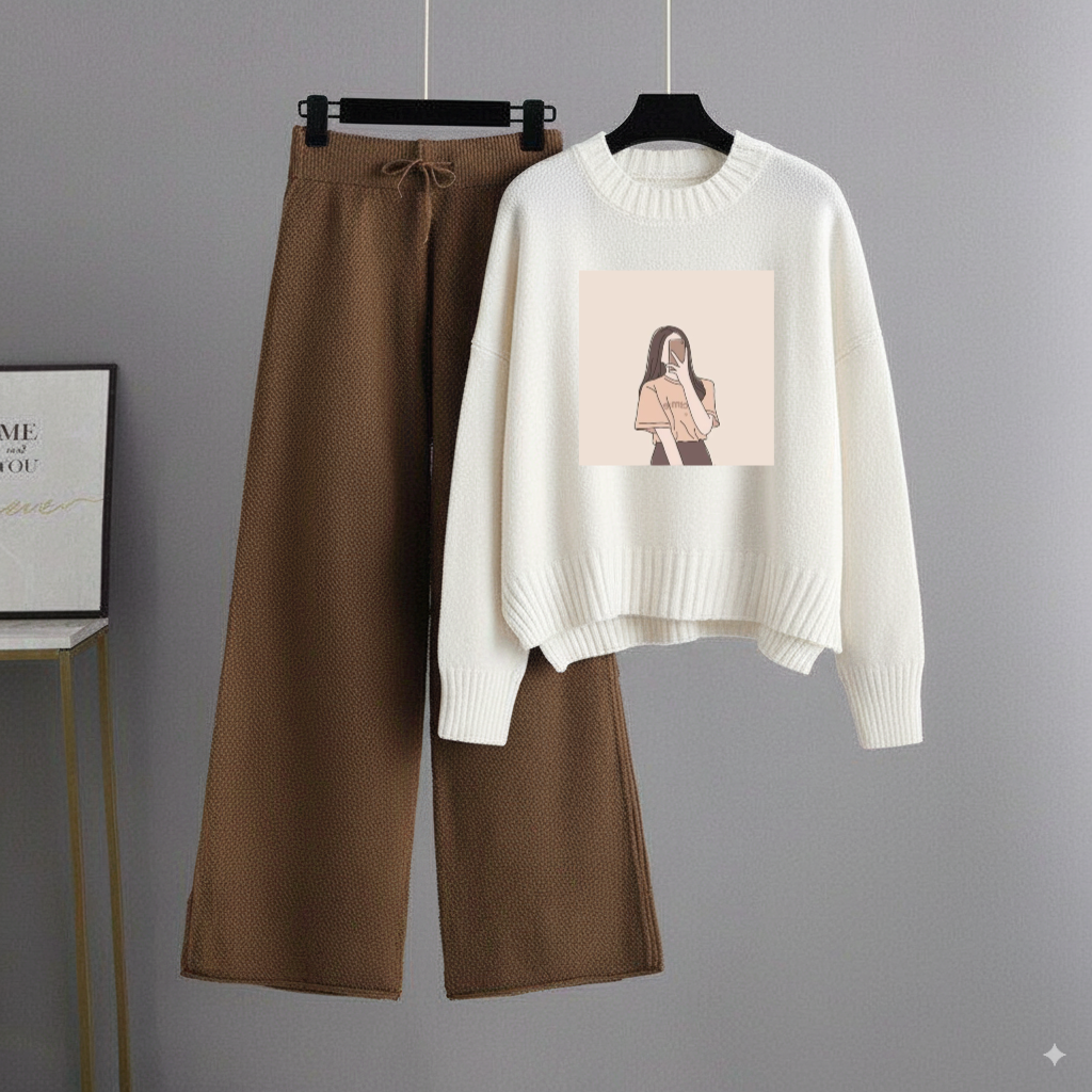 White Sweatshirt Selfie Girl with Brown Flapper Trouser