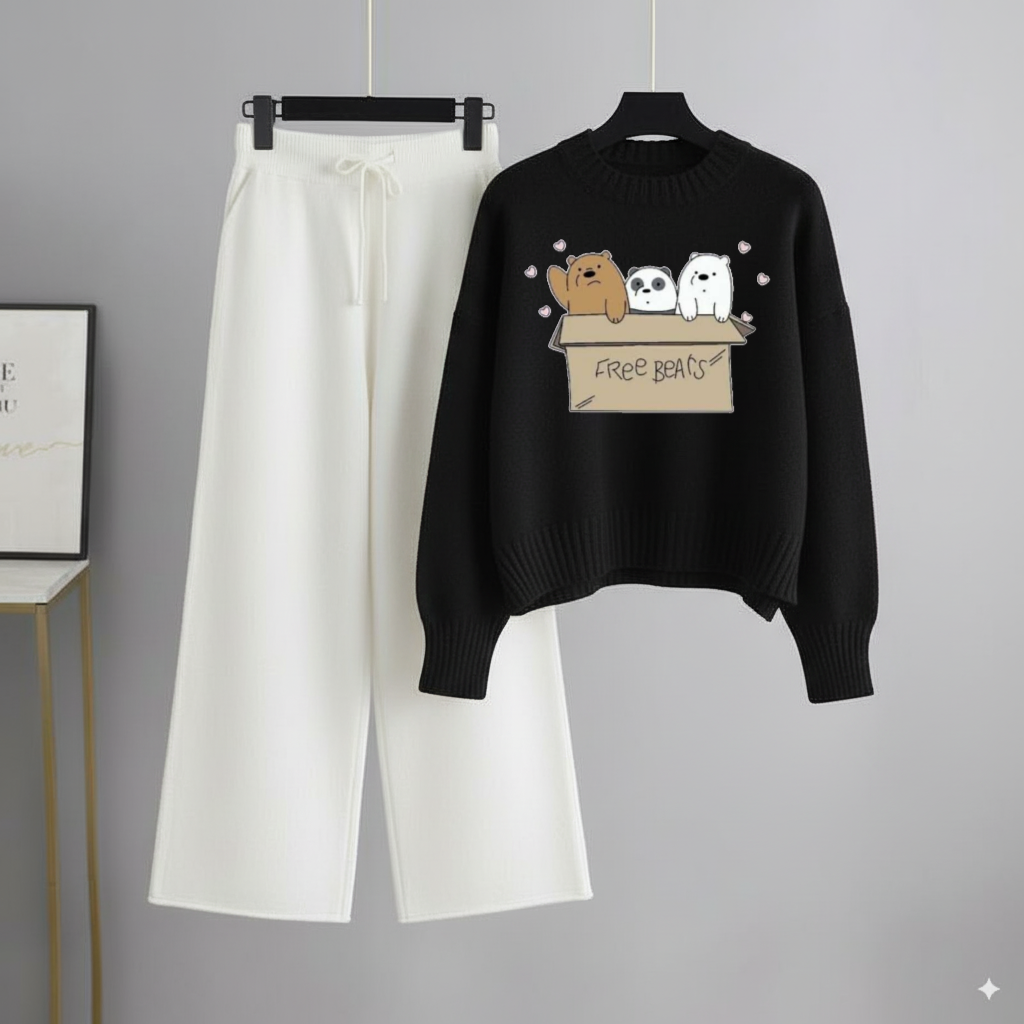Black Sweatshirt Free Bear with White Flapper Trouser