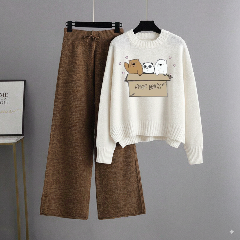 White Sweatshirt Free Bear with Brown Flapper Trouser