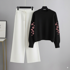 Black Sweatshirt Flowers on Arms with White Flapper Trouser