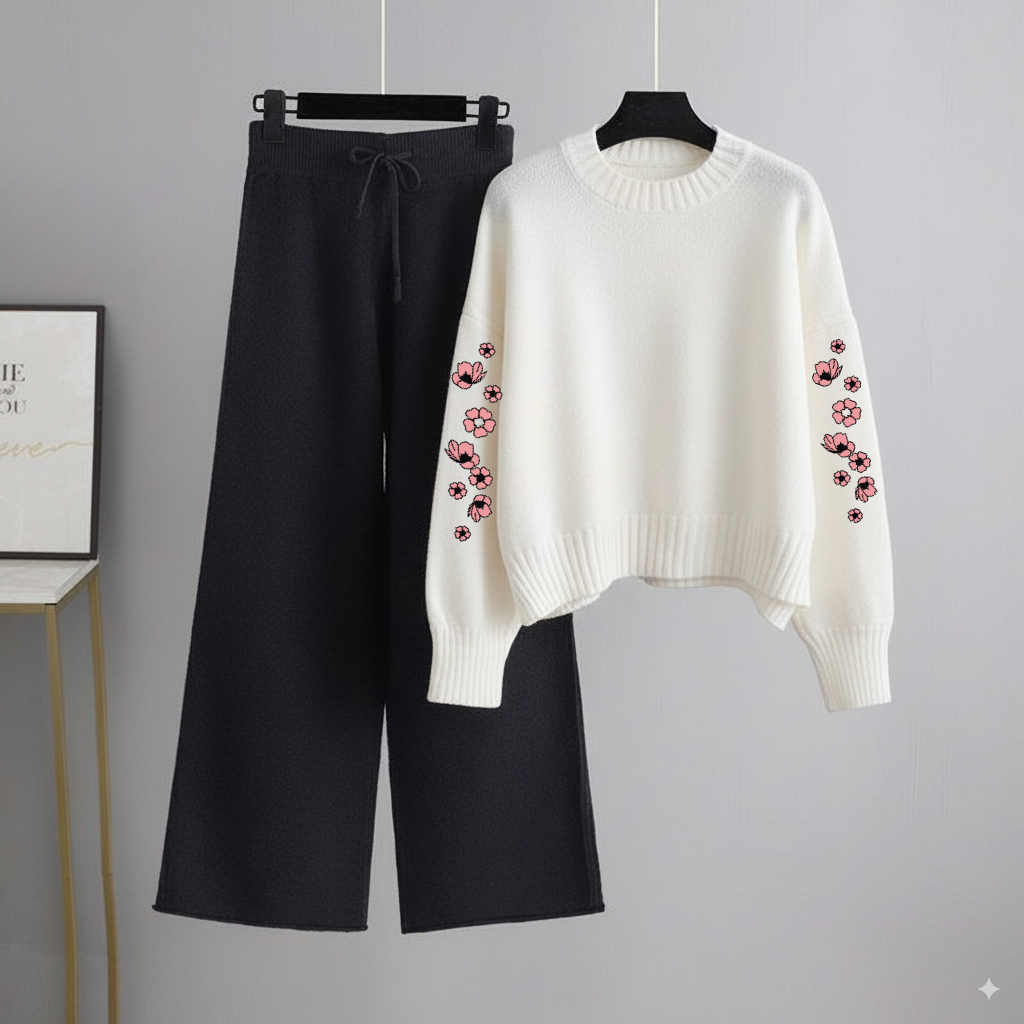 White Sweatshirt Flowers on Arms with Black Flapper Trouser